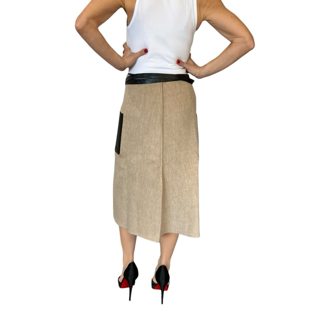 PETER DO Double-face Wool Belted Wrap Midi Skirt Leather Trim Light Camel 38 6 - Picture 13 of 16